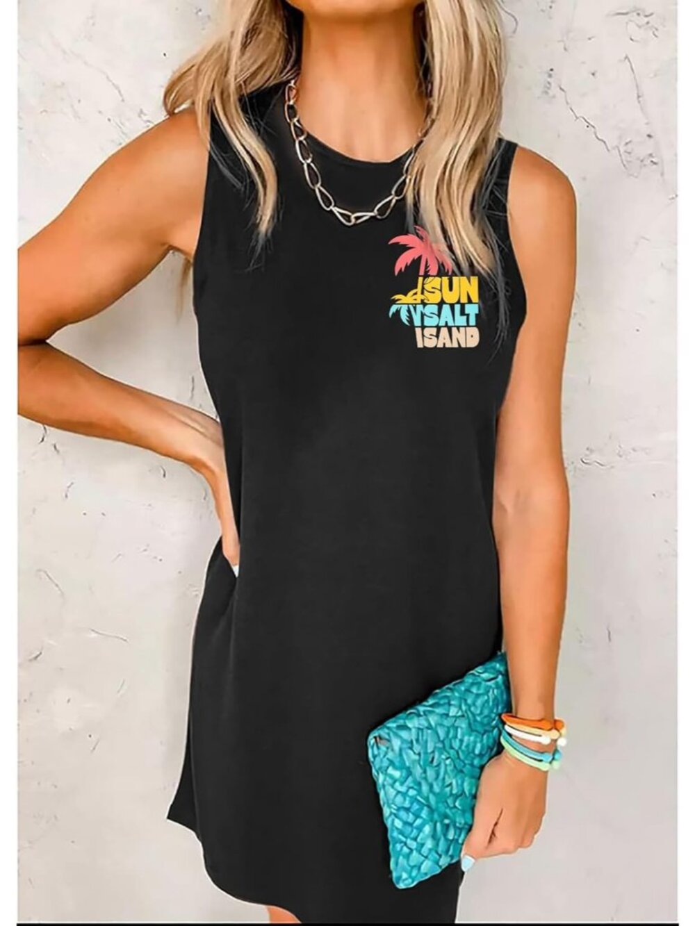 Women's Black Stylish Sleeveless Beach Vacation Sundress Short Tank Mini Dress - Picture 4 of 6